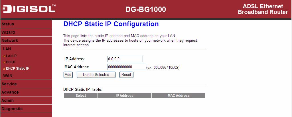 3.4.1.3 DHCP Static IP Click DHCP Static IP in the left pane, the page shown in the following figure appears.