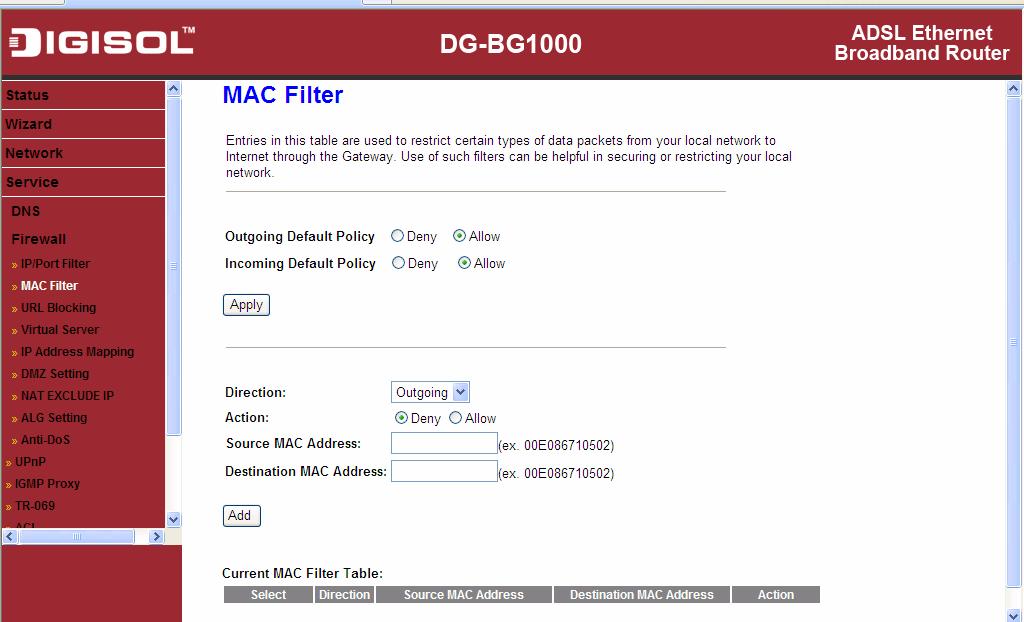 3.5.2.2 MAC Filter Click MAC Filter in the left pane, the page shown in the following figure appears.