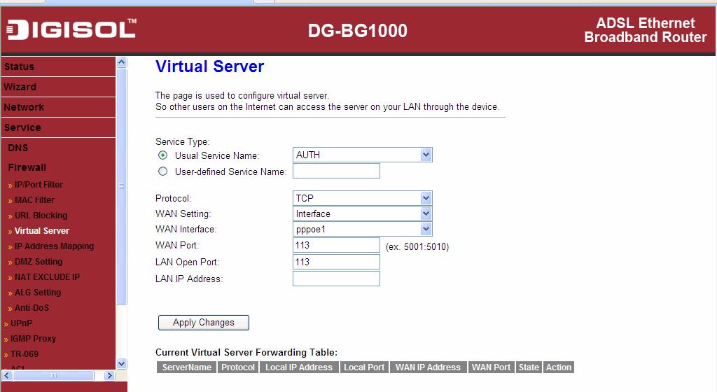 3.5.2.4 Virtual Server Click Virtual Server in the left pane, the page shown in the following figure appears.
