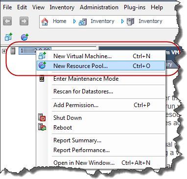 3. In the Inventory tree on the left, right-click the ESX server IP address, and then select New Resource Pool from the popup menu.