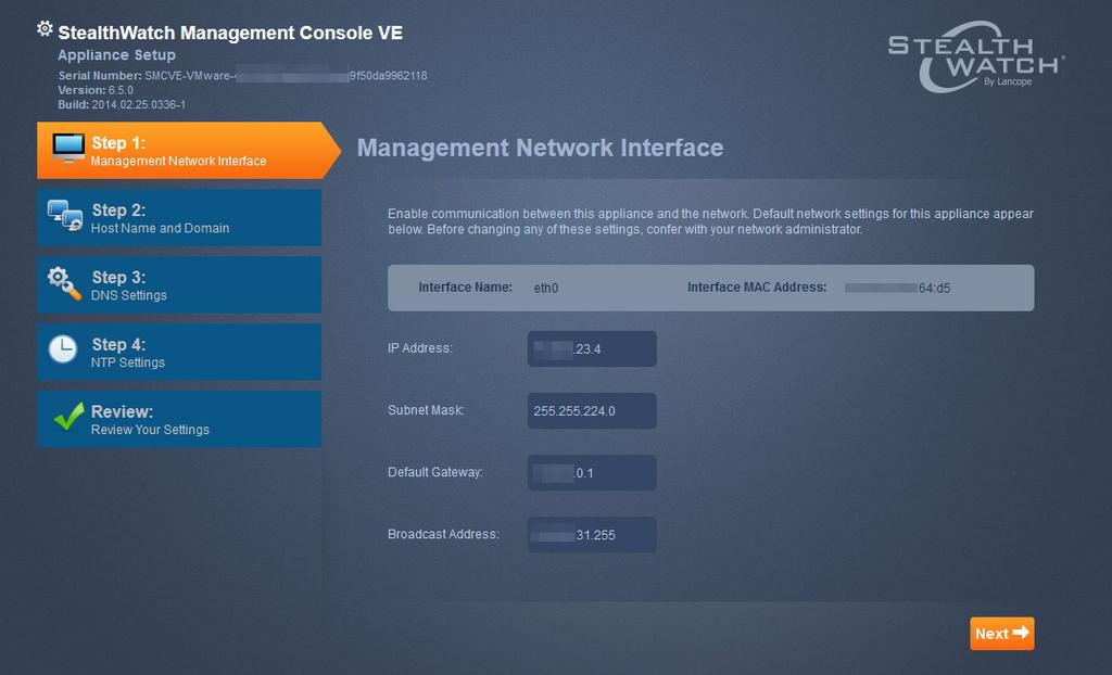 The Management Network Interface page opens.