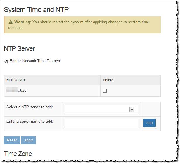 The NTP Server page opens showing the NTP server that you set in the initial configuration using the Appliance Setup Tool. 2.