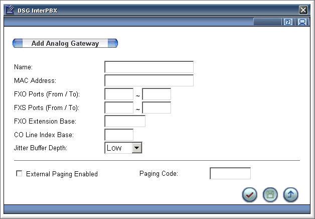 10 Chapter 1 Install and Configure Voice Gateway 13. Editing Basic Gateway Data On the Add Analog Gateway page, enter the name and the MAC address of your gateway, and the range of CO Line/SLT ports.