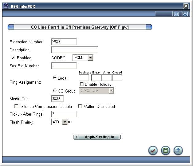 Chapter 5 Off-Premises Gateway Configuration 27 Configuring Off-Premises CO Line Ports 1. Go to Main Menu>Gateway Configuration>Off-Premises PSTNGW. 2. Select a gateway from the list then click the Port Setting button.