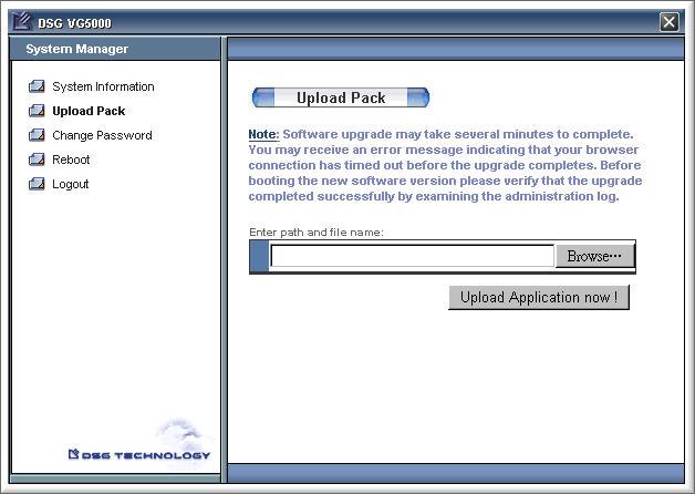Upload Pack If you need to upgrade the software version of the VG5000, go to Main Menu>Upload Pack. Make sure the latest version can be accessed from your computer.
