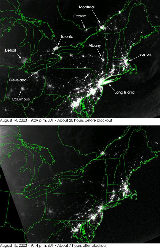 August, 2003 electrical blackout in northeast US and Canada 9:29pm 1 day before