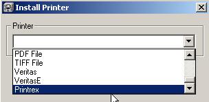 FIG: 3.3.6 Install Printer In this example we will select Printrex for the Printrex 840 DL/G. FIG: 3.3.7 Install Printer Click the [Install] button to select the printer shown for installation.