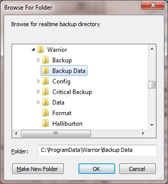 It is highly recommended to use the default directory of C:\ProgramData\Warrior\Data. FIG: 3.1.5 Default Warrior data storage folder 3.1.5 Setting up Real Time Backup It is highly recommended that real time backup files be created.