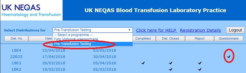 Navigating the web page Select Blood Transfusion Laboratory Practice from the drop-down list of Schemes as shown in figure 3, and then click on the distribution required (e.g. 19Res) from the list displayed.