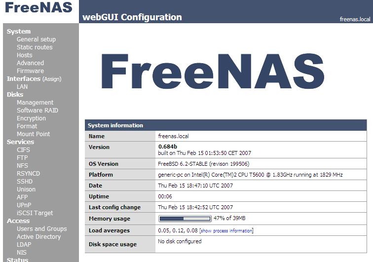 4.2 WebGUI Layout FreeNAS web pages are configured with the Navigation Tree in the Left Hand side of the page and the Display and Data entry area to the right of the Navigation Tree.