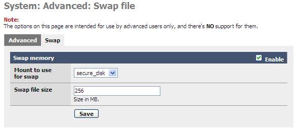 5.3.4 Memory SWAP file Found under System/Advanced/Swap page This section will show how to create a special file on your share, and use this file for memory swap.