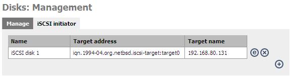 Here is an example for using the previously created iscsi target from another FreeNAS: Open the Disks/Management/iSCSI initiator page and click the icon on the right hand side.