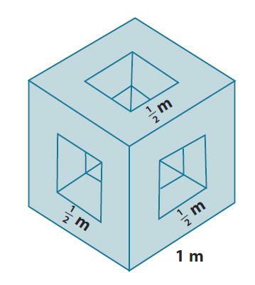 Lesson 7. The diagram shows a cubic meter that has had three square-holes punched completely through the cube on three perpendicular axes. Find the surface area of the remaining solid.