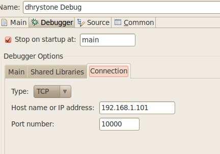 7. Still on the Debugger page, click the Connection tab. Change the Type to TCP. Enter the IP address of the target board (in place of xxx.xxx.xxx.xxx) and enter port number 10000.