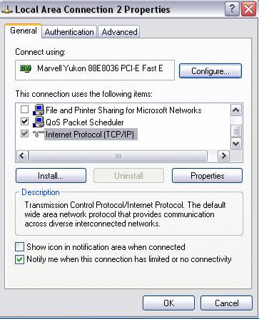 b. Using the scroll bar in the Local Area Connection Properties window, scroll down to highlight Internet Protocol (TCP/IP).