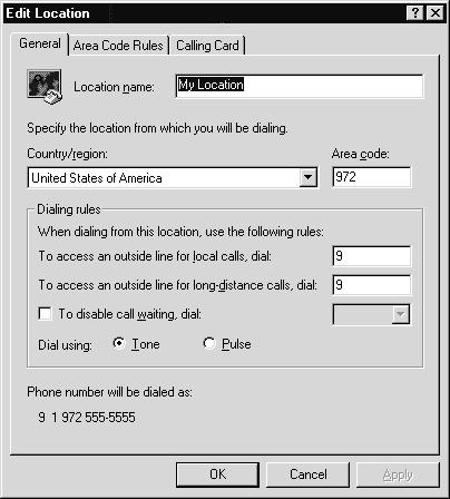 VIP Setup and User s Guide Setting up VIP Dialing Properties 1. In the New Call dialog box (see page 10), click Dialing Properties. The Phone and Modem Options dialog box will appear.