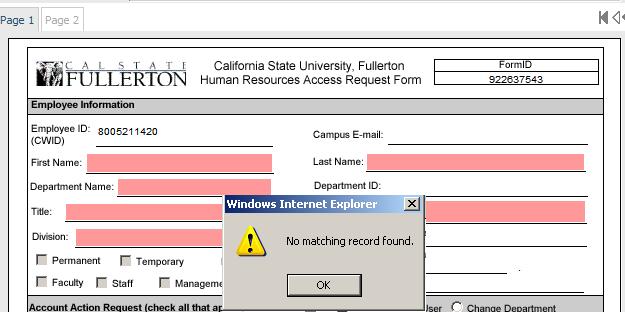 Step 6a: If the CWID is not listed in PeopleSoft an error message will pop up indicating no matching record found.