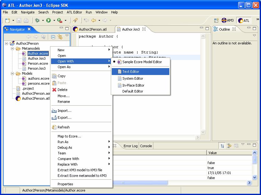Creating a new ATL project at the Navigator root (menu New ATL Project); Creating a new ATL file from an ATL project (menu New ATL File); Creating a directory from an ATL project (menu New Other