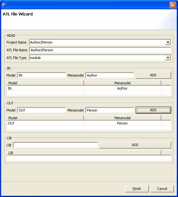 Figure 28. The ATL File Wizard As illustrated in Figure 28, the ATL wizard window is organized into four sections: HEAD, IN, OUT and LIB.