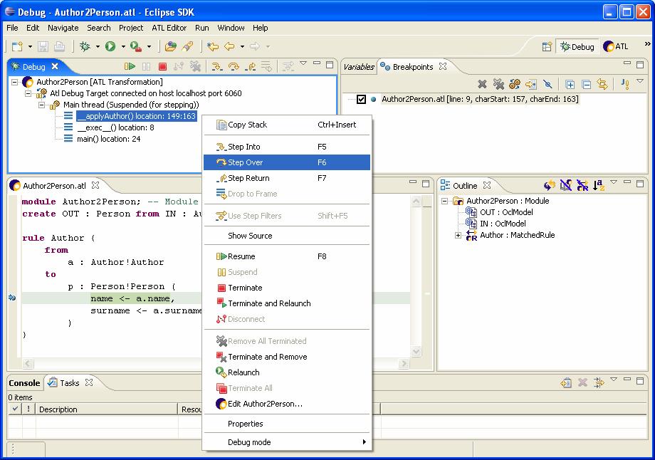 Figure 42. Calling debugging actions from contextual menu The Resume action triggers the execution of the debugged transformation up to the following breakpoint.