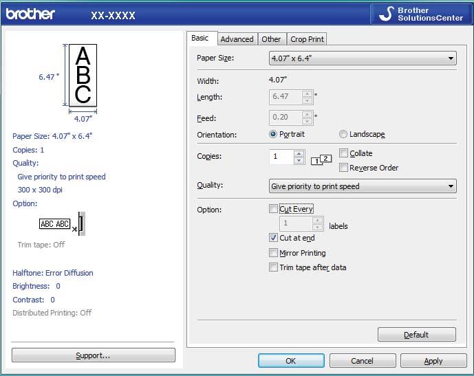 Other Functions g Click the Basic tab, and do one of the following: For Die Cut labels, clear the Cut Every check box.