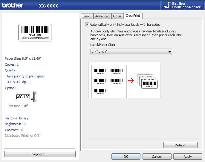 7 h Click the Crop Print tab, and select the Automatically print individual labels with barcodes check box.