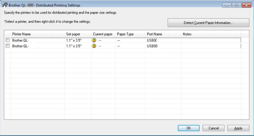 Other Functions d In the Distributed Printing Settings dialog box, select the Label Printers you want to use for distributed printing. 2 1 1 Click Detect Current Paper Information.