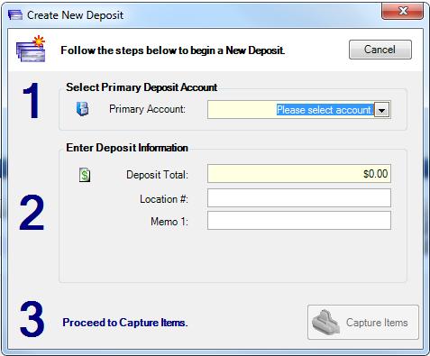 4. Select your account number and key your deposit control total, then click Capture Items. 5.
