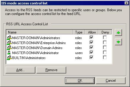 Screenshot 73 - Quarantine RSS feeds Access Control Lists 3. In the IIS mode access control list dialog box you can configure who can subscribe to the quarantine RSS feeds.
