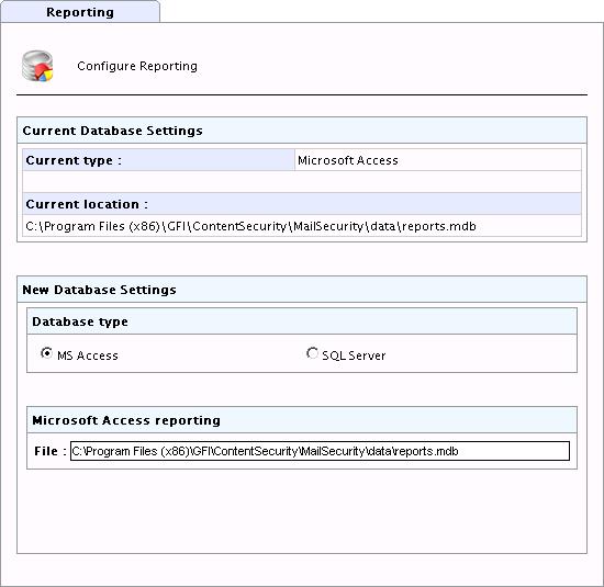Configuring a Microsoft Access database backend Screenshot 76 - Configuring a Microsoft Access database backend 1. Navigate to GFI MailSecurity Reporting Configure Database. 2. Select MS Access. 3.