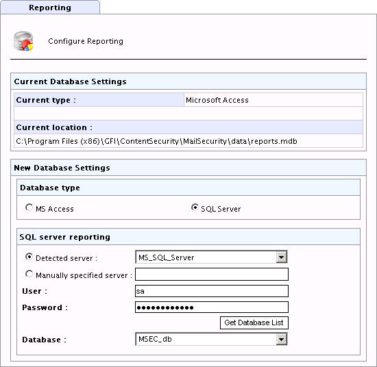 NOTE 2: For information how to create a new database in Microsoft SQL Server refer to http://kbase.gfi.com/showarticle.asp?id=kbid003379. 2. Navigate to GFI MailSecurity Reporting Configure Database.