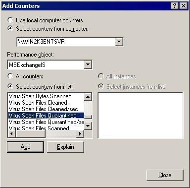 Screenshot 82 - Adding VSAPI performance monitor counters 5. From the Performance object dropdown list, select MSExchangeIS. 6. Click Select counters from list. 7.