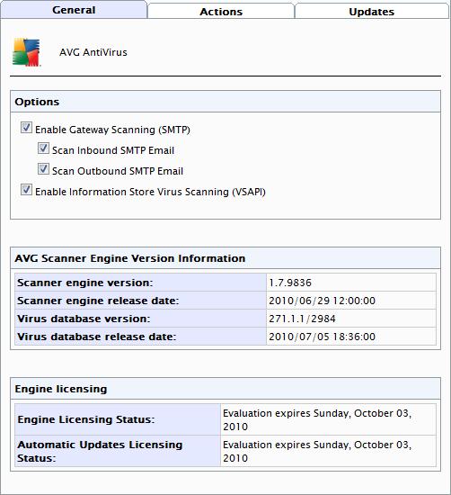 5.2 AVG configuration Screenshot 15 - Anti-virus Scanning Engines: AVG configuration page (General Tab) 1. Navigate to GFI MailSecurity Virus Scanning Engines AVG Anti-Virus.