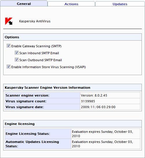 5.3 Kaspersky configuration Screenshot 17 - Anti-virus Scanning Engines: Kaspersky configuration page (General Tab) 1. Navigate to GFI MailSecurity Virus Scanning Engines Kaspersky Anti-Virus.
