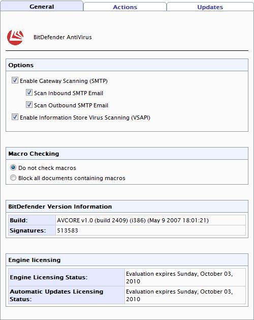 5.4 BitDefender configuration Screenshot 18 - Virus Scanning Engines: BitDefender configuration page (General Tab) 1. Navigate to GFI MailSecurity Virus Scanning Engines BitDefender Anti-Virus.