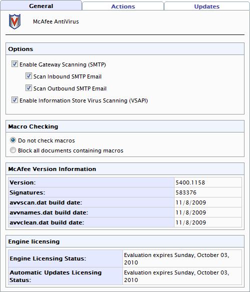 5.5 McAfee configuration Screenshot 19 - Virus Scanning Engines: McAfee configuration page (General Tab) 1. Navigate to GFI MailSecurity Virus Scanning Engines McAfee Anti-Virus.