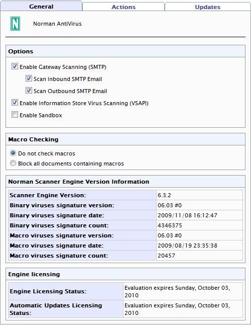 5.6 Norman configuration Screenshot 20 - Virus Scanning Engines: Norman configuration page 1. Navigate to GFI MailSecurity Virus Scanning Engines Norman Anti-Virus.