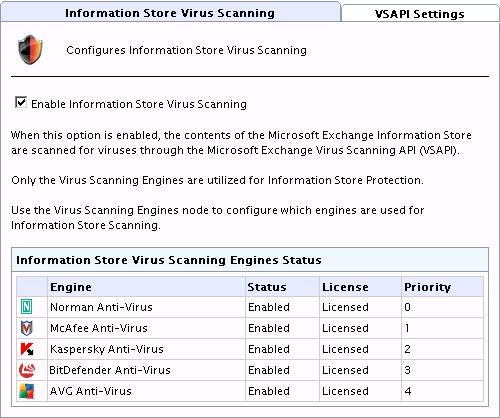 Screenshot 25 - Information Store Protection node 2. In the Information Store Virus Scanning tab, check Enable Information Store Virus Scanning and click Apply.