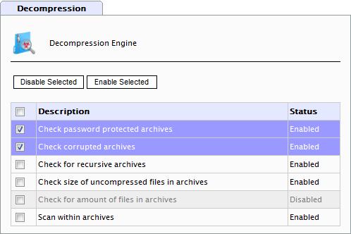 6.3.3 Enable/disable decompression filters Screenshot 46 -Disabling Decompression tool filters To enable or disable decompression filters: 1.