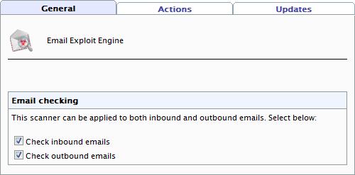 Screenshot 50 - Email Exploit Engine: General Tab 3. From the General tab, select whether to scan inbound and/or outbound emails.