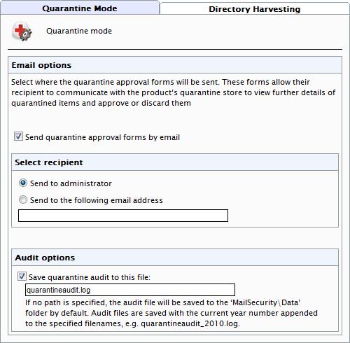 Screenshot 67 - Quarantine Options configuration page 2. In the Quarantine mode page, select Send quarantine approval forms by email checkbox to enable the sending of Quarantine Action Forms. 3.