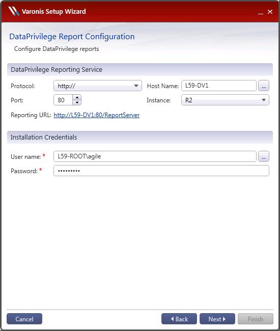 4. Configure the machine on which the DataPrivilege reporting service will be installed: Reporting Service Host name - Click the Browse button to select the host on which the reporting service