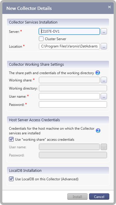 3. Set the following parameters: Collector Services Installation - Select the server and location on which Collector services are installed: Server - Type or select the name of the server on which