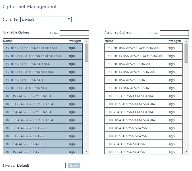 2.5.11.4 Cipher Sets Cipher Set Select the cipher set to view/modify.