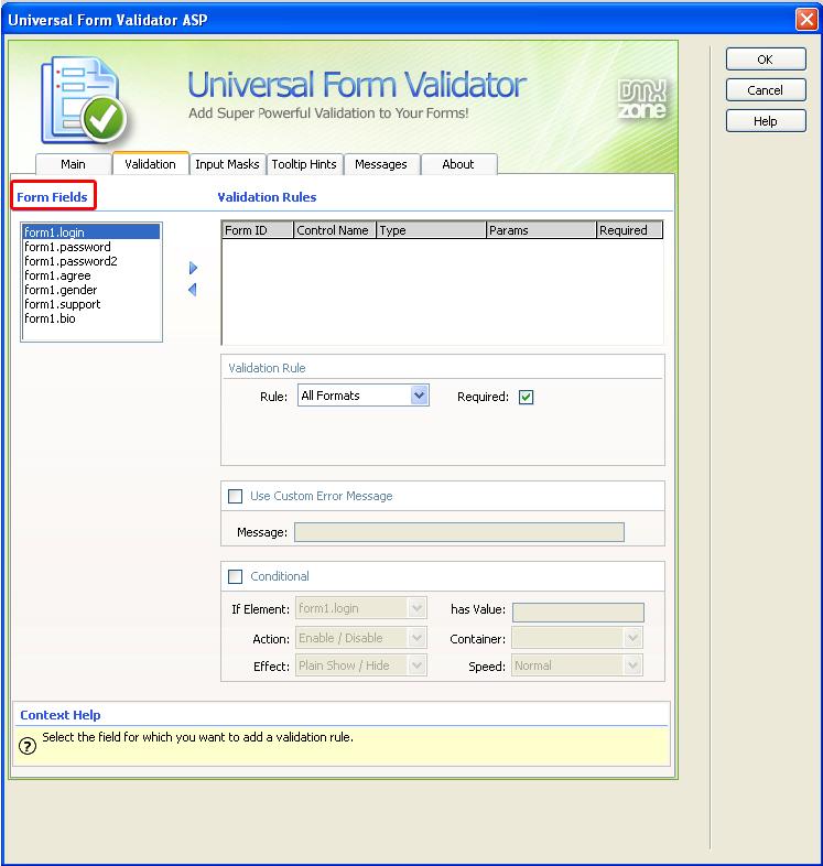 Select the field you want to validate and add it with