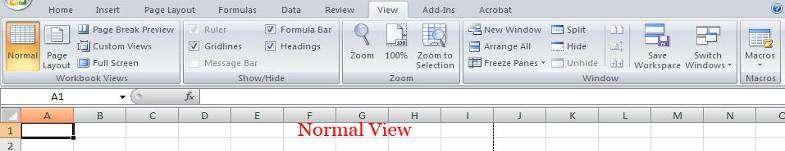 View tab has a buttons that allow you to switch from the default normal view to the page layout view.
