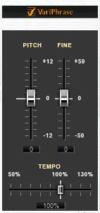 About the Screen VariPhrase This lets you change the key (pitch) or the playback speed. [PITCH] slider Specifies the key for playback.
