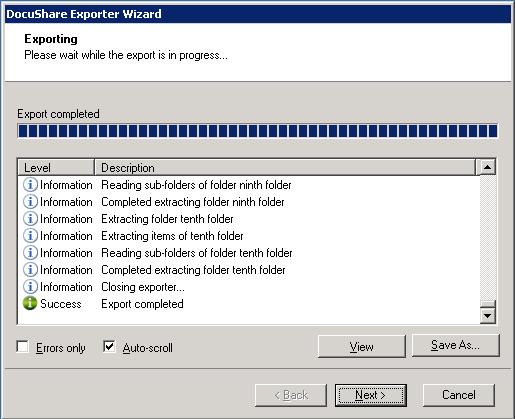 Figure 2-8: Exporter Progress Screen You can save the export report by clicking Save As after the export is complete. You can display only export errors and warnings by checking Errors only.
