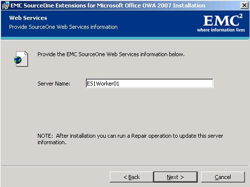 Installing Email Management Support 7. Click Next to validate the credentials and display the Web Services page. 8. Enter the Server Name for the computer on which Web Services software is installed.