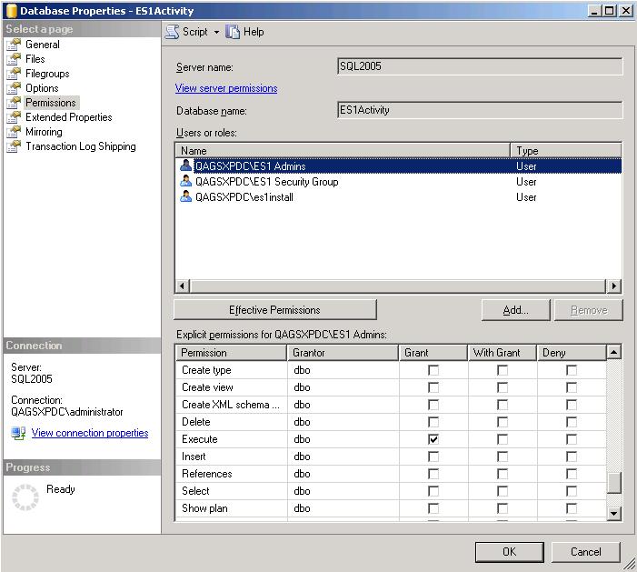 Installing Common EMC SourceOne Components Figure 8 shows an example of the Database Properties dialog box from which you configure the explicit permissions.